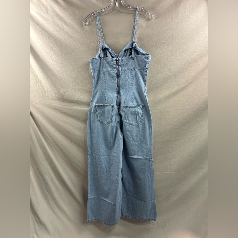 Light Wash Denim Jumpsuit Wide Leg Corset Bodice Sweetheart Neck - Picture 11 of 11